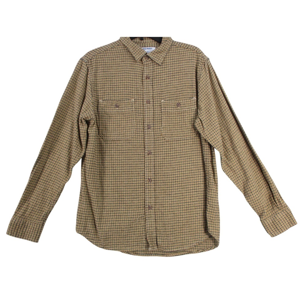 Old Navy Mens Double-Brushed Flannel Shirt Tan Black Houndstooth Cotton Medium